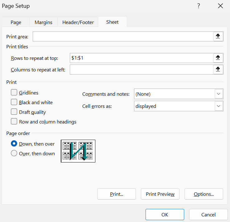 หน้าต่าง Page Setup กำหนด Rows to repeat at top เป็นแถวที่ 1
